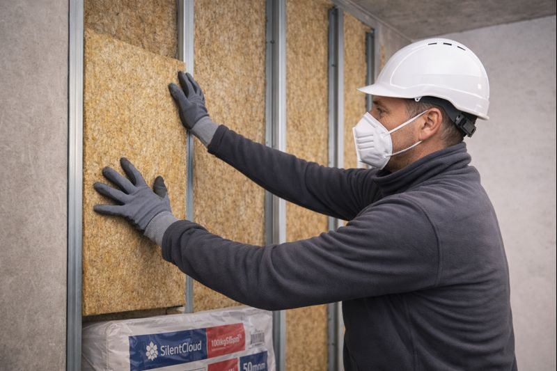 Installer fits SilentCloud™ 100mm Acoustic Mineral Wool Slabs (60 kg/m³) into a metal-stud wall, demonstrating easy installation and noise reduction. Packaged SilentCloud insulation visible below.