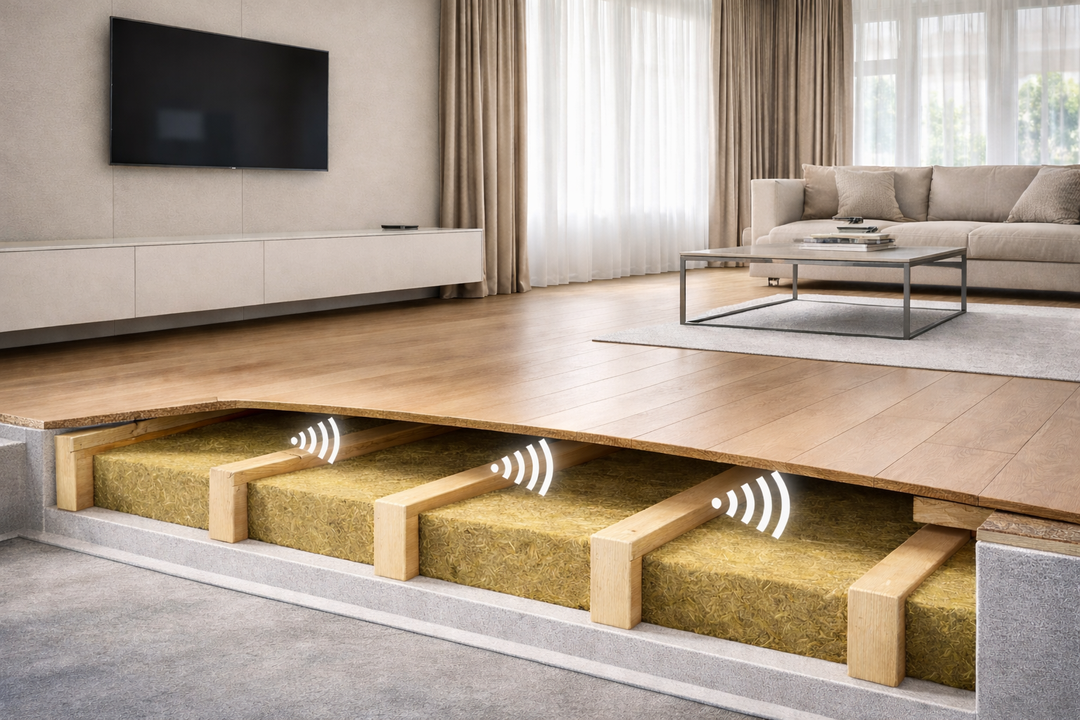 SilentCloud™ 100mm Acoustic Mineral Wool Slabs (60 kg/m³) installed under a living room floor show the underfloor construction for high-density sound insulation, highlighting effective noise reduction and acoustic performance.