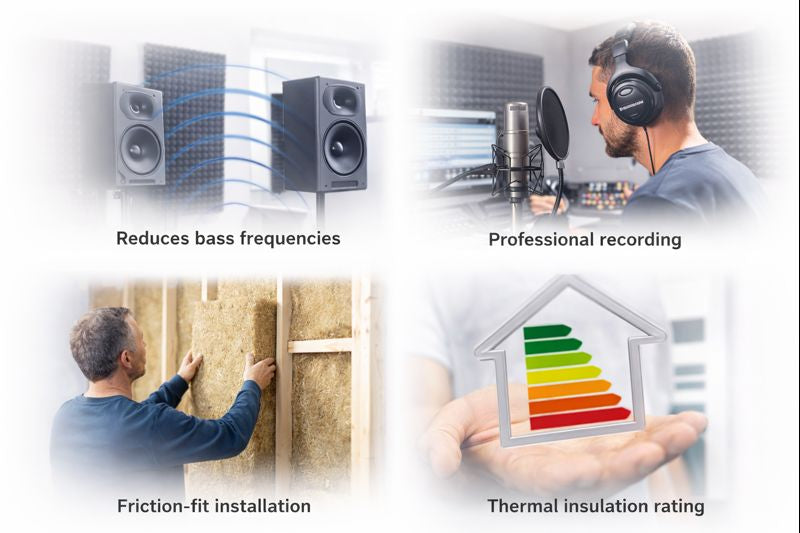 75mm Acoustic Mineral Wool Slabs – 60kg/m³ Sound Insulation (4.32m²) highlighted in a 2x2 layout, showcasing soundproofing, noise reduction, and easy installation for professional acoustic control in studios and homes.