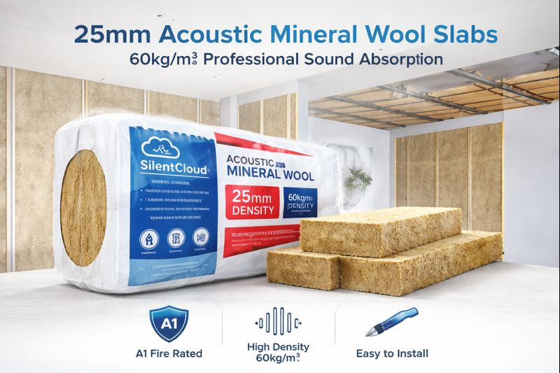 SilentCloud 25mm Acoustic Mineral Wool Slabs – 60kg/m³ Professional Sound Absorption, soundproofing slabs with easy installation, shown beside a stud wall under construction, featuring icons for fire rating and density.