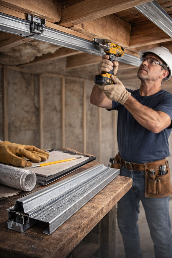 Tradesman using a cordless power drill to secure an Acoustic Furring Channel for Resilient Sound Isolation Systems – 41 mm Low-Profile Ceiling & Wall Channel to wooden ceiling joists; ideal for soundproofing and noise reduction.