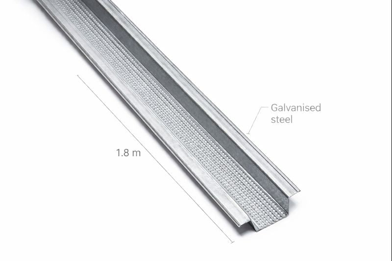 Acoustic Furring Channel for Resilient Sound Isolation Systems – 41 mm Low-Profile Ceiling & Wall Channel; galvanised steel stud track, 1.8 m, for soundproofing, acoustic insulation, and noise reduction in wall and ceiling applications.