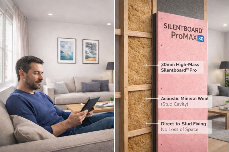 30mm Direct-to-Wall Soundproofing Panel | High-Mass Wall Sound Insulation (Part E Ready) shown in a two-panel diagram, highlighting its layers: Silentboard ProMAX 30, acoustic mineral wool, and direct-to-stud installation for effective noise reduction.