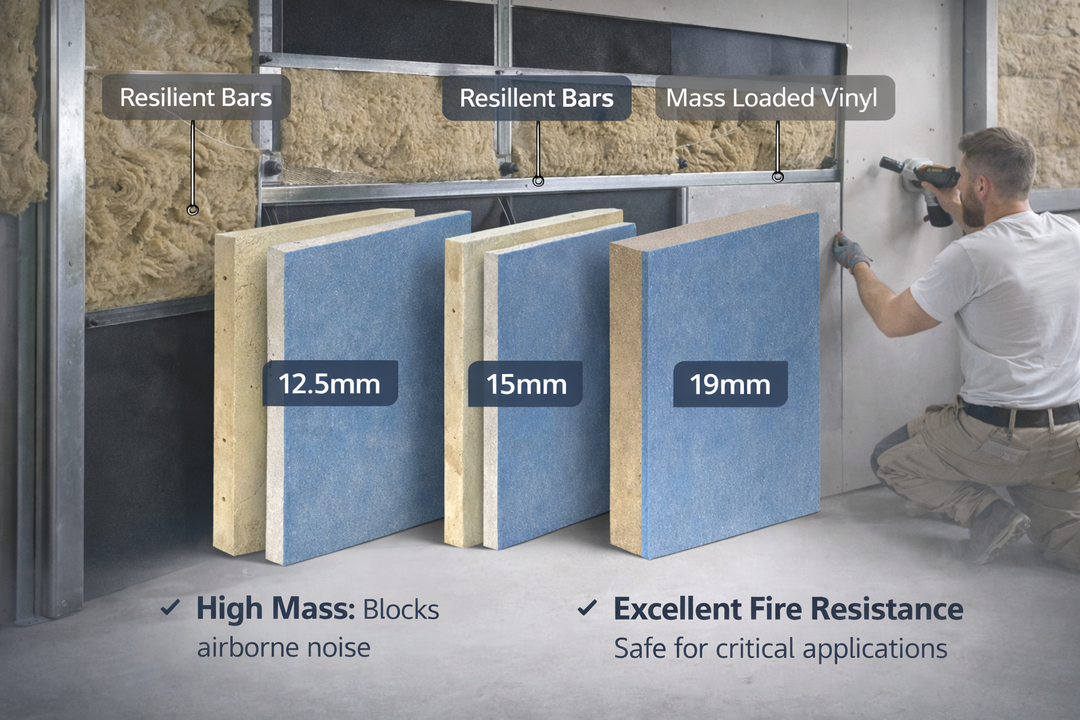 Silent Cloud Acoustic Plasterboards – 12.5mm, 15mm & 19mm High-Mass Soundproof Boards: Cutaway view showing metal studs, mineral-wool, mass-loaded vinyl, and tradesman securing the board, highlighting noise reduction and fire resistance.