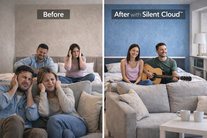 Silent Cloud Acoustic Plasterboards – 12.5mm, 15mm & 19mm High-Mass Soundproof Boards reduce noise and enhance relaxation. Visuals show effective sound insulation with neighbors enjoying peace while guitar plays.