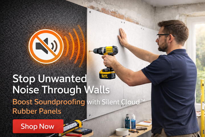 Man using a cordless drill to install Silent Cloud™ Rubber Acoustic Wall Panels (1m²) for high-mass soundproofing, enhancing noise reduction and sound insulation on a bare wall. Shop Now button visible.