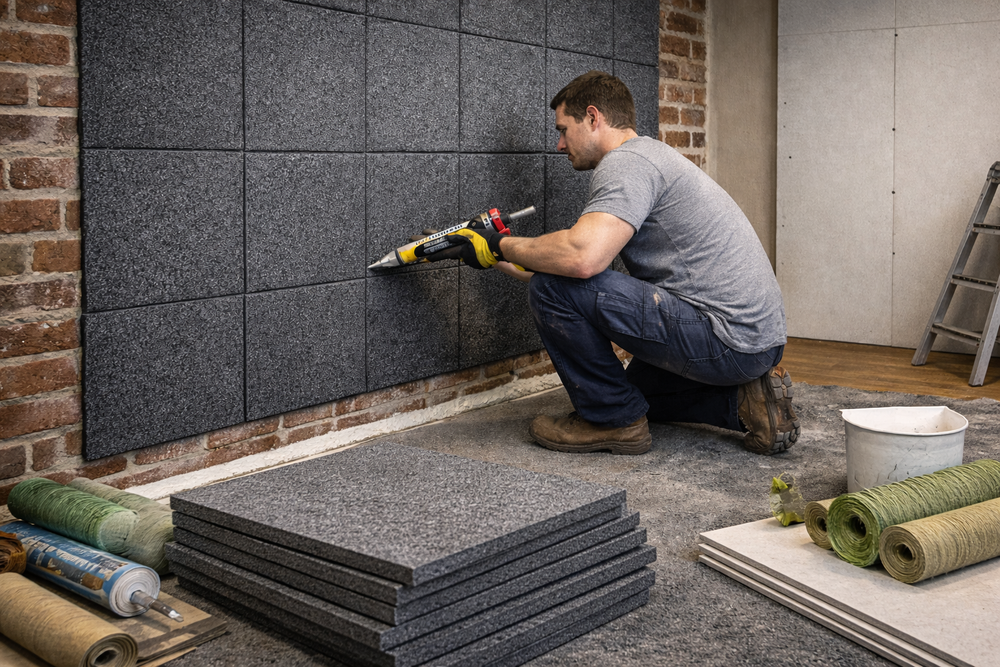 Tradesman fitting Silent Cloud™ Rubber Acoustic Wall Panels (1m²), using adhesive for soundproofing. Panels provide high-mass noise reduction, ideal for party walls, enhancing acoustic insulation and vibration damping.