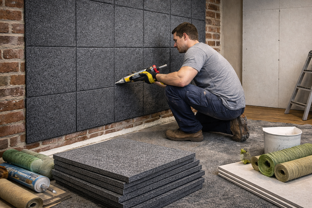 Tradesman fitting Silent Cloud™ Rubber Acoustic Wall Panels (1m²), using adhesive for soundproofing. Panels provide high-mass noise reduction, ideal for party walls, enhancing acoustic insulation and vibration damping.