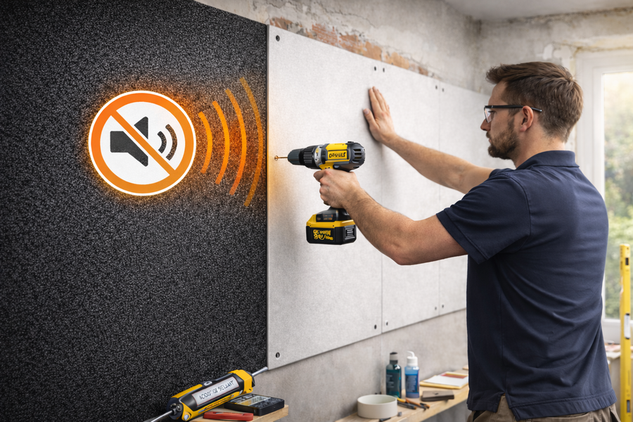 Person installing Silent Cloud™ Rubber Acoustic Wall Panels, emphasizing soundproofing with a cordless drill in a workshop. Dark panel with sound-wave graphics highlights noise reduction and vibration damping features.