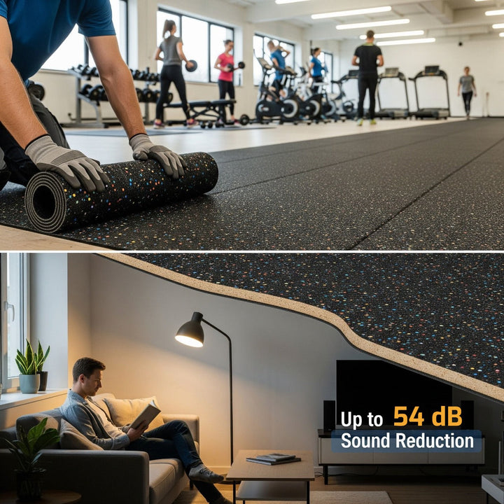 3mm Acoustic Soundproof Underlay Linear Metre displayed in a gym and living room, showcasing its dual use for impact noise insulation and soundproofing, reducing noise by up to 54Silentcloud.