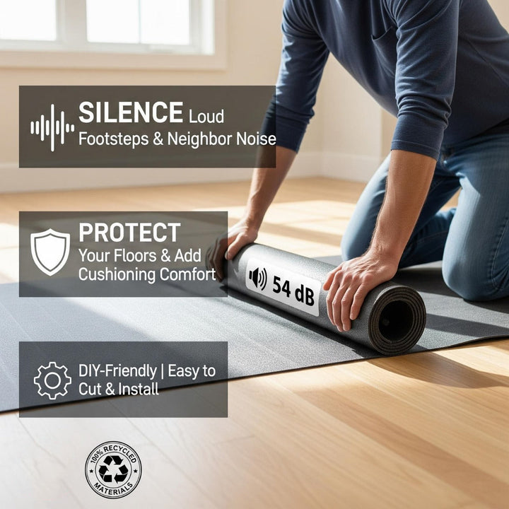 Person unrolling a 3mm Acoustic Soundproof Underlay – Rubber Sheet for Flooring & Impact Noise, showcasing noise reduction up to 54 Silentcloud. Features include soundproofing, cushioning, and DIY installation. Made from 94% recycled materials.