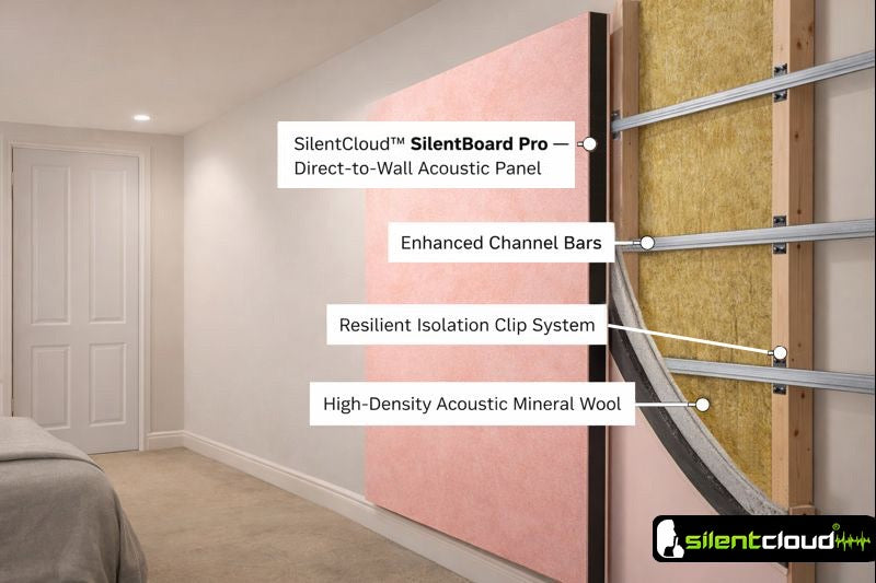 Cut-away illustration of 30mm Direct-to-Wall Soundproofing Panel | High-Mass Wall Sound Insulation (Part E Ready) showing multi-layer system, featuring SilentCloud™ SilentBoard® Pro, enhancing soundproofing and noise reduction in residential spaces.