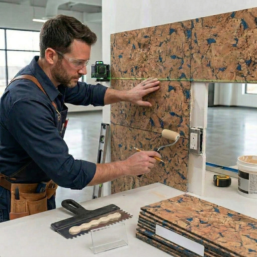 Blue Patterned Cork Wall Tiles – Decorative Acoustic Panels 600x300mm | Pack of 11 | 1.98m² Coverage. Tradesman installs panels using tools, ensuring soundproofing and acoustic insulation benefits in a spacious interior.