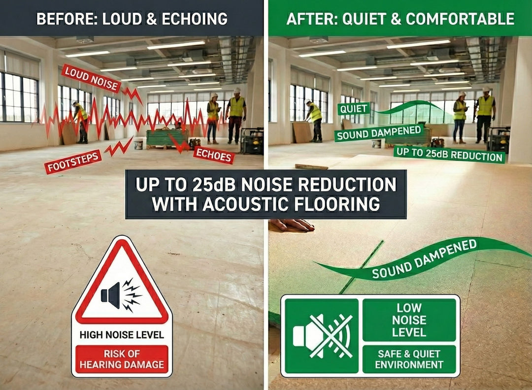 SilentCloud™ 28 Acoustic Floating Floor Panel illustration showing before-and-after noise reduction effects, highlighting its soundproof, acoustic, and vibration damping capabilities for enhanced noise reduction and sound insulation.