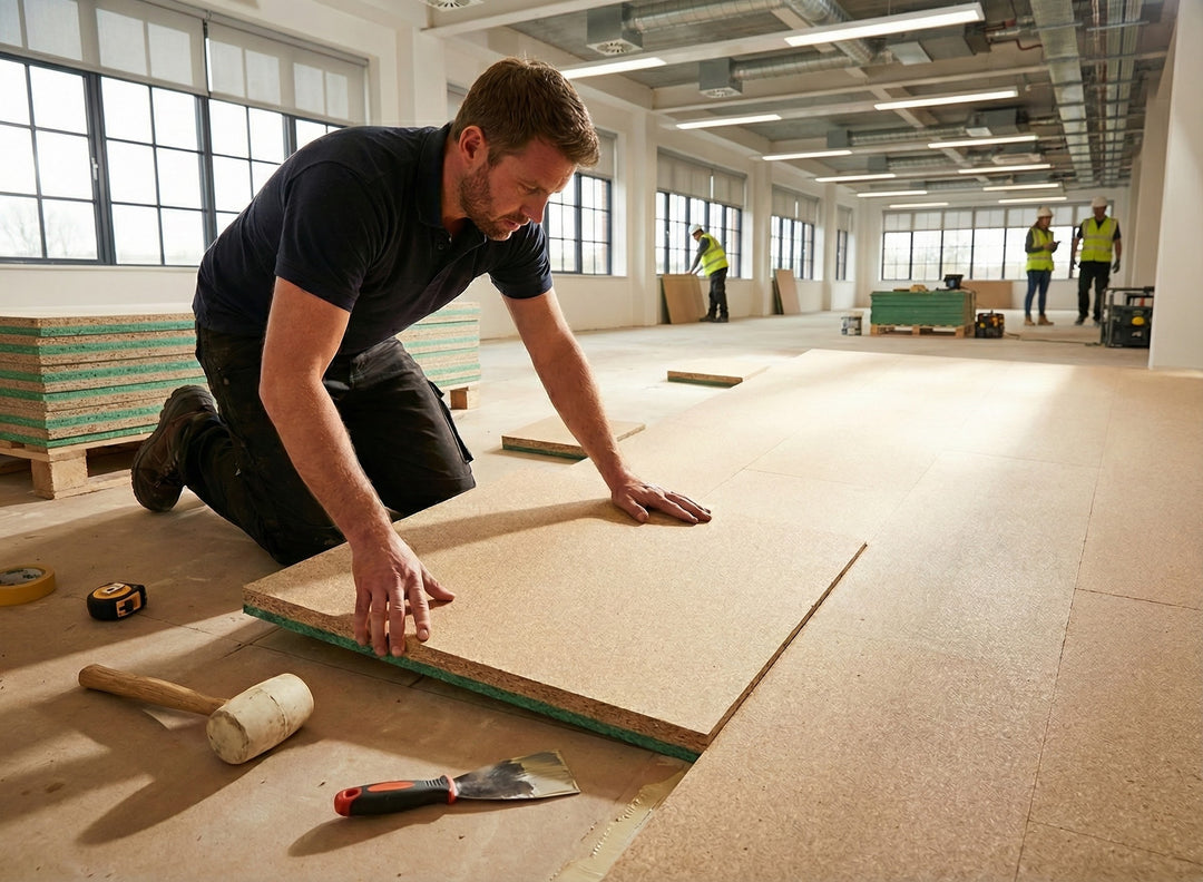 Tradesman kneels fitting SilentCloud™ 28 Acoustic Floating Floor Panel, a soundproof, high-mass board enhancing impact and airborne sound insulation, amidst construction activity in an industrial interior.