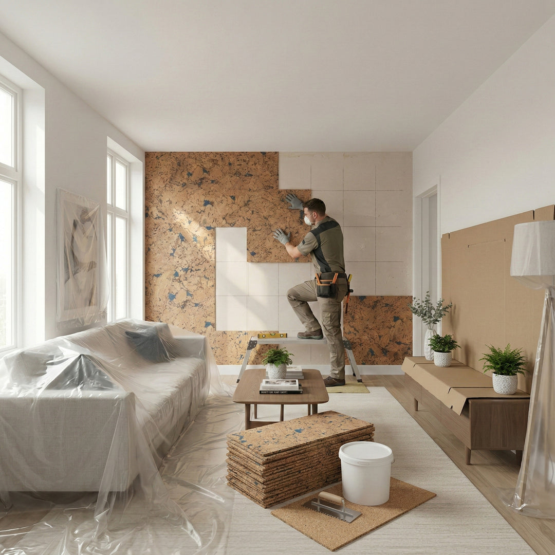 Tradesman installing Blue Patterned Cork Wall Tiles, Decorative Acoustic Panels, 600x300mm, Pack of 11, 1.98m² Coverage, enhancing soundproofing and noise reduction in a modern living room during renovation.