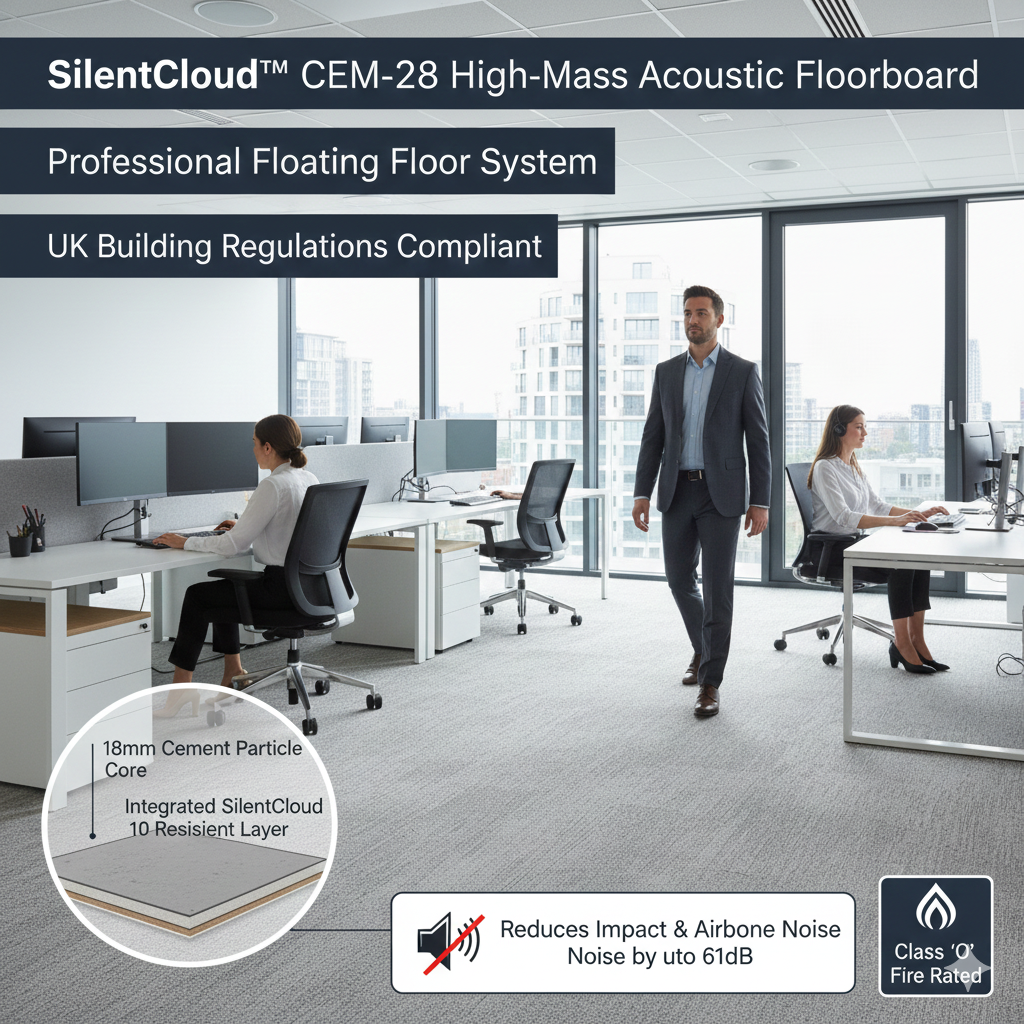 SilentCloud™ CEM-28 High-Mass Acoustic Floorboard in an office setting, showcasing its professional floating floor system. Designed for optimal soundproofing, noise reduction, and sound insulation, compliant with UK Building Regulations.