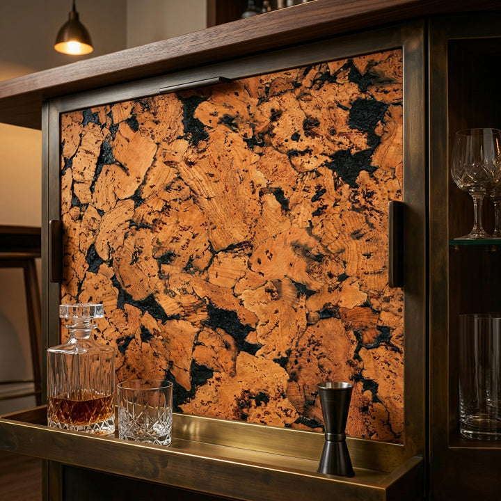Home bar cabinet featuring Black Patterned Cork Wall Tiles – Decorative Acoustic Panels, showcasing natural cork's soundproof properties. Includes a whiskey decanter, tumbler, jigger, and glassware, all under a warm pendant light.