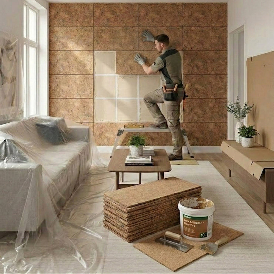 Tradesman installs Country Patterned Cork Wall Tiles, decorative acoustic panels, 600x300mm, pack of 11, 1.98m² coverage, enhancing soundproofing and noise reduction in living room renovation.