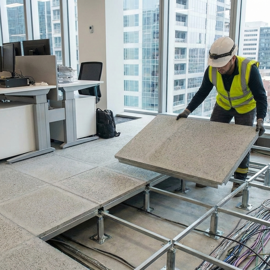 SilentCloud™ CEM-28 High-Mass Acoustic Floorboard installation in progress, showcasing raised access floor with soundproof panels, emphasizing noise reduction and sound insulation in a professional office setting.