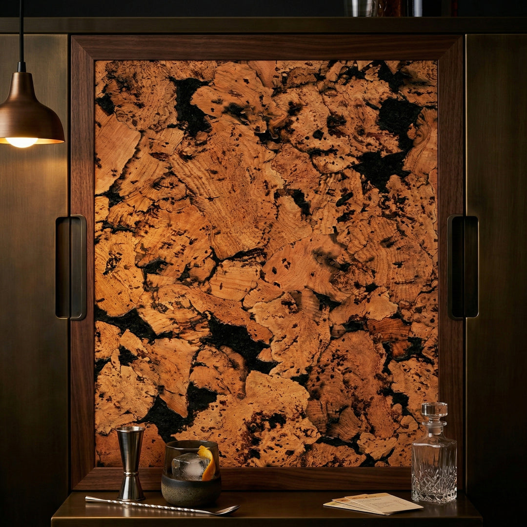Black Patterned Cork Wall Tiles as a decorative back-panel in a home bar, showcasing their soundproof and acoustic properties. Includes a cocktail setup with a glass, decanter, and bar tools.