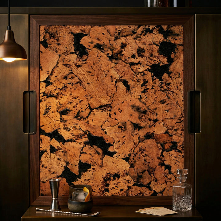 Black Patterned Cork Wall Tiles as a decorative back-panel in a home bar, showcasing their soundproof and acoustic properties. Includes a cocktail setup with a glass, decanter, and bar tools.