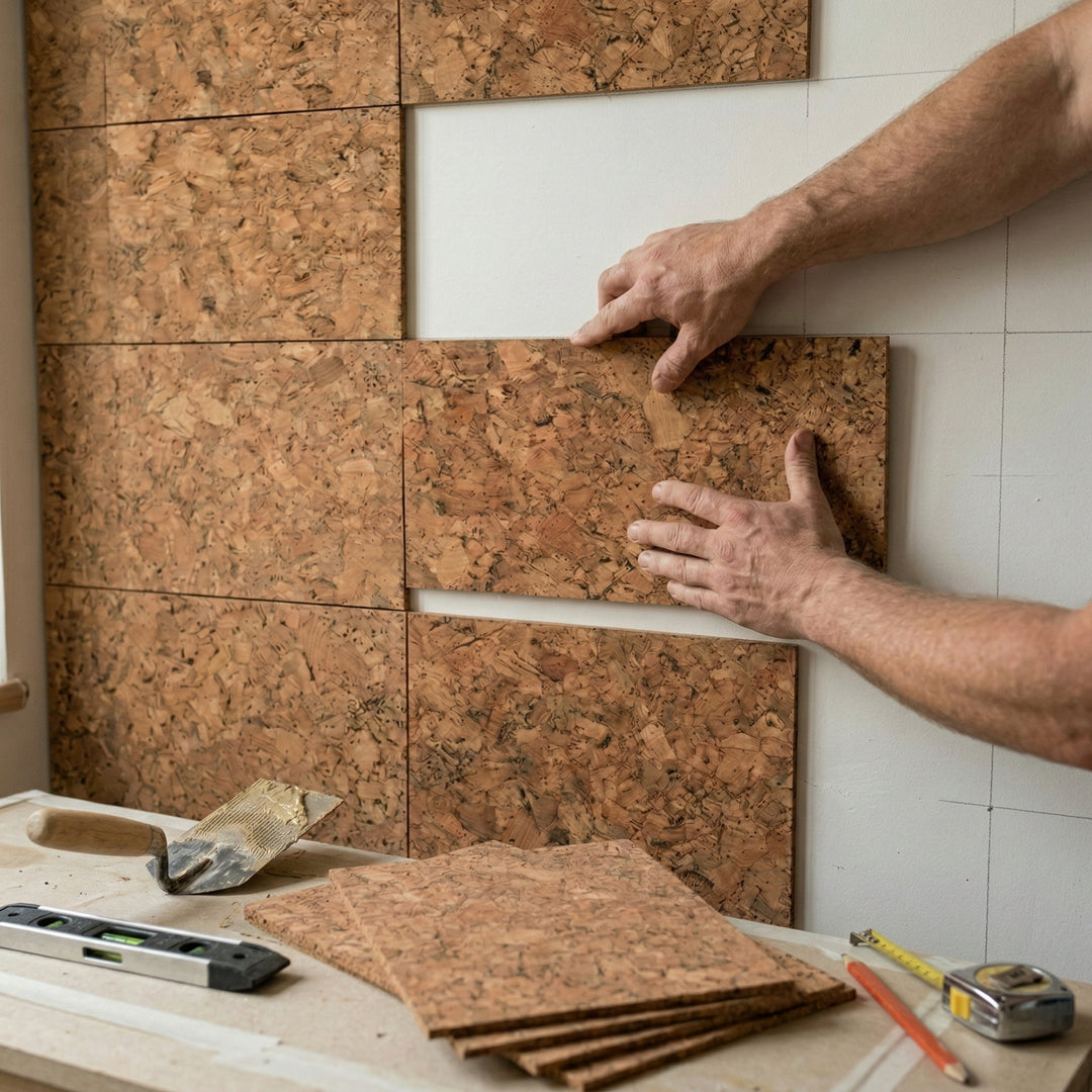 Installing Country Patterned Cork Wall Tiles – Decorative Acoustic Panels 600x300mm | Pack of 11 | 1.98m² Coverage. The image shows hands fitting a tile, emphasizing soundproofing and acoustic insulation benefits.