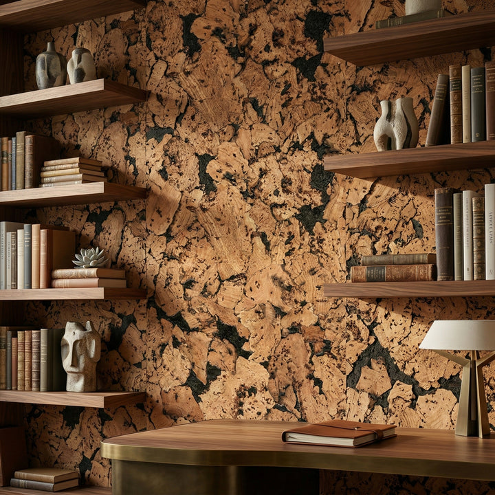 Black Patterned Cork Wall Tiles – Decorative Acoustic Panels | 600x300mm, 3mm Thick (11 Pack, 1.98m² Coverage) adorn the wall, offering stylish soundproofing with natural cork for effective noise reduction and thermal insulation.