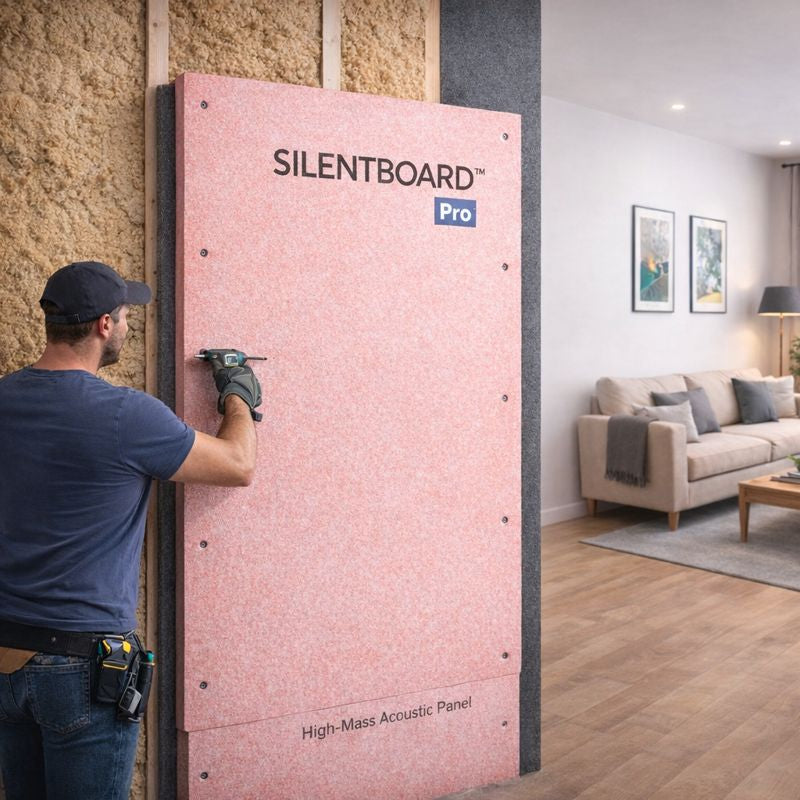 Installer uses a power drill to secure the Professional 27 mm Direct-to-Wall Soundproofing Panel for Stud Walls – Part E Capable, enhancing acoustic insulation and noise reduction in a living room setting.