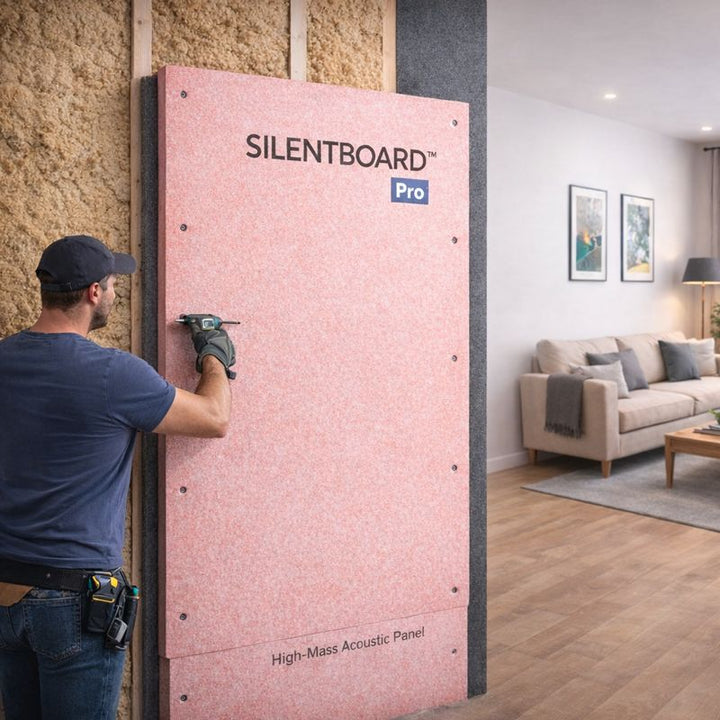 Installer uses a power drill to secure the Professional 27 mm Direct-to-Wall Soundproofing Panel for Stud Walls – Part E Capable, enhancing acoustic insulation and noise reduction in a living room setting.
