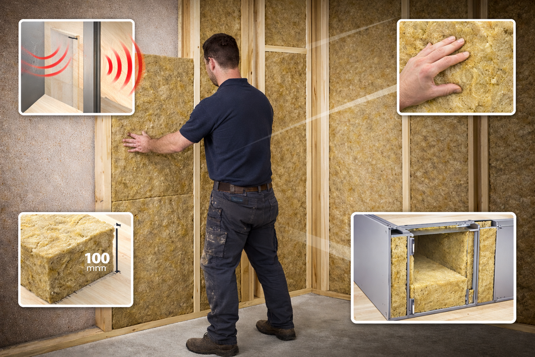 Tradesman installing 100 mm Acoustic Mineral Wool Slabs for effective soundproofing. Highlights: fibrous texture, sound attenuation, suitable for stud walls, floors, ceilings. Engineered for sound absorption, noise reduction, and vibration damping.