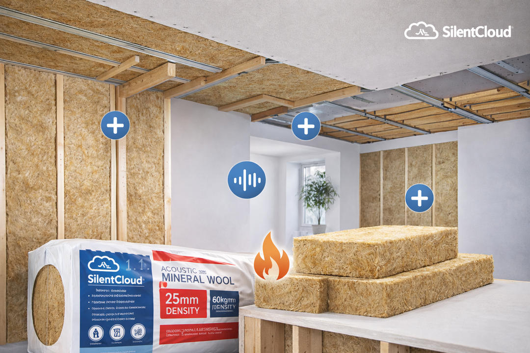 25mm Acoustic Mineral Wool Slabs – 60kg/m³ Professional Sound Absorption, shown in a partially built interior, with exposed timber studs, ceiling furring, and installed drywall, highlighting soundproofing and fire-resistance features.