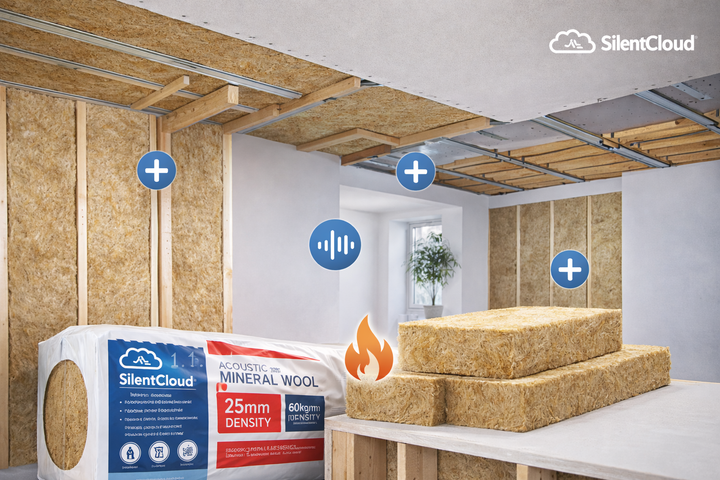 25mm Acoustic Mineral Wool Slabs – 60kg/m³ Professional Sound Absorption, shown in a partially built interior, with exposed timber studs, ceiling furring, and installed drywall, highlighting soundproofing and fire-resistance features.