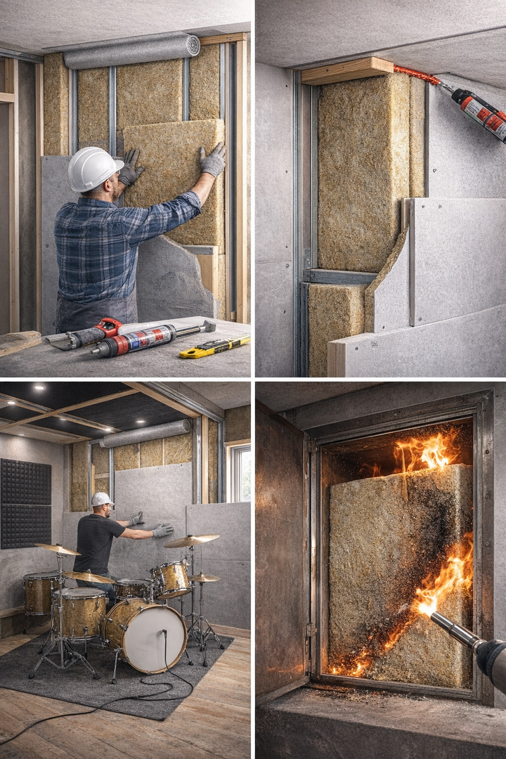 Tradesman installs 25mm Acoustic Mineral Wool Slabs – 60kg/m³ in a stud wall for soundproofing. Panels undergo fire test, emphasizing noise reduction and non-combustible properties, ideal for studios and recording spaces.