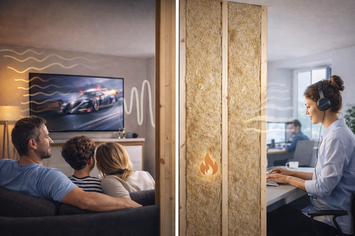 Image of a before-and-after cut-away of a stud wall with 25mm Acoustic Mineral Wool Slabs – 60kg/m³, illustrating soundproofing and fire-resistance by blocking noise between a family watching TV and a woman working.