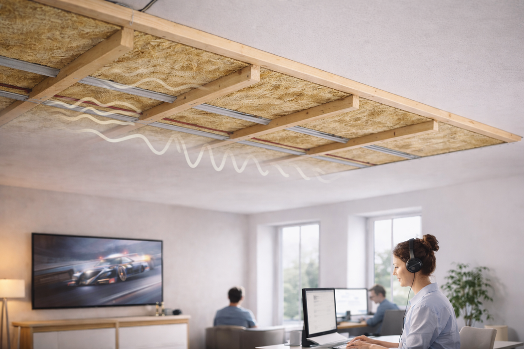 25mm Acoustic Mineral Wool Slabs – 60kg/m³ for professional sound absorption are shown in an open-plan office ceiling, illustrating noise reduction and soundproofing with exposed acoustic insulation and supporting structures.