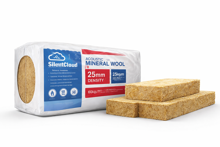 SilentCloud™ 25mm Acoustic Mineral Wool Slabs – 60kg/m³ shown with compressed packaging and three de-compressed batts, designed for professional sound absorption and noise reduction in space-constrained builds.