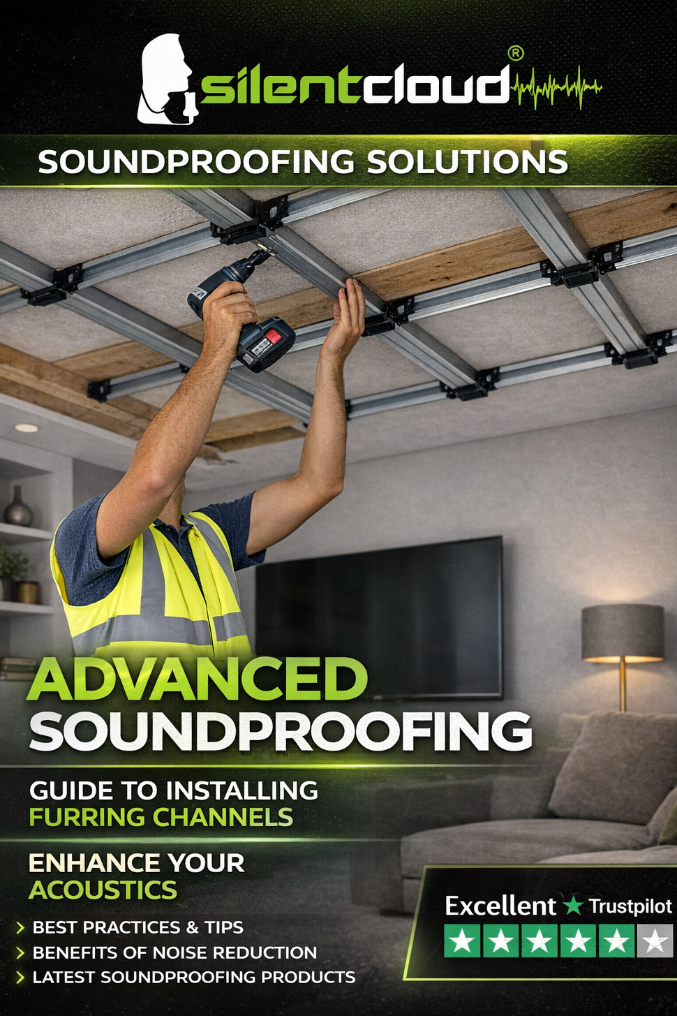 Tradesperson installing Resilient Sound Isolation Clips (100 per box) using a drill on ceiling, showcasing advanced soundproofing for noise reduction and acoustic insulation. Trustpilot rated excellent.