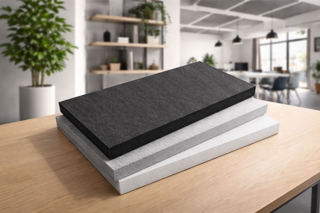 Silent Cloud EchoAbsorb Acoustic Panels – 40mm Sound & Echo Absorption Panels, featuring a stacked display of black, gray, and off-white panels, ideal for noise reduction and soundproofing in various shapes and sizes.