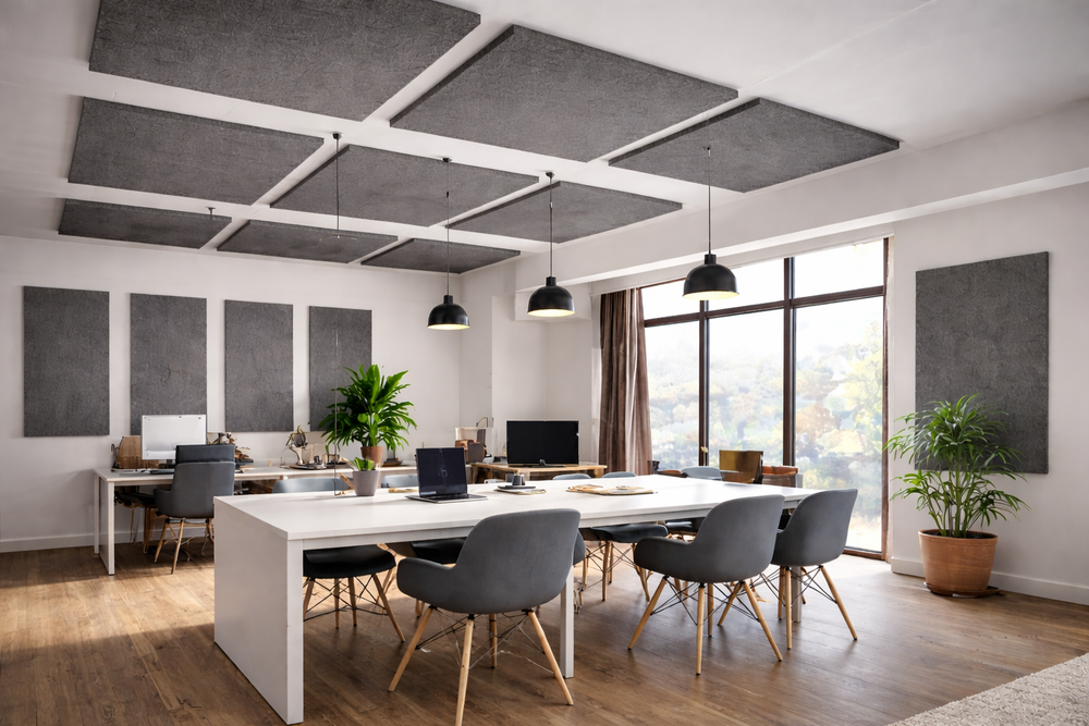 Silent Cloud EchoAbsorb Acoustic Panels – 40mm Sound & Echo Absorption Panels (Various Shapes & Sizes) are shown on the walls and ceiling, enhancing noise reduction and acoustic insulation in a modern office setting.
