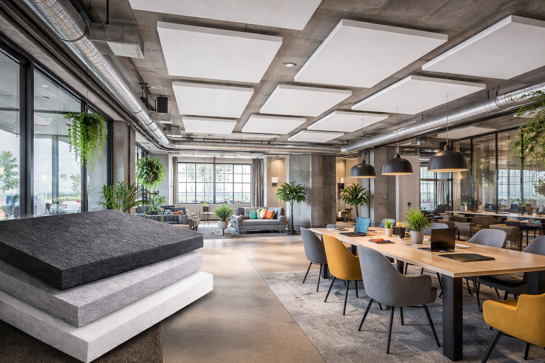 Silent Cloud EchoAbsorb Acoustic Panels, showcased as sleek samples in white, gray, and charcoal, highlight their soundproof, noise reduction capabilities. Ideal for modern office acoustics, reflecting Sound Deadening UK's expertise in sound insulation.