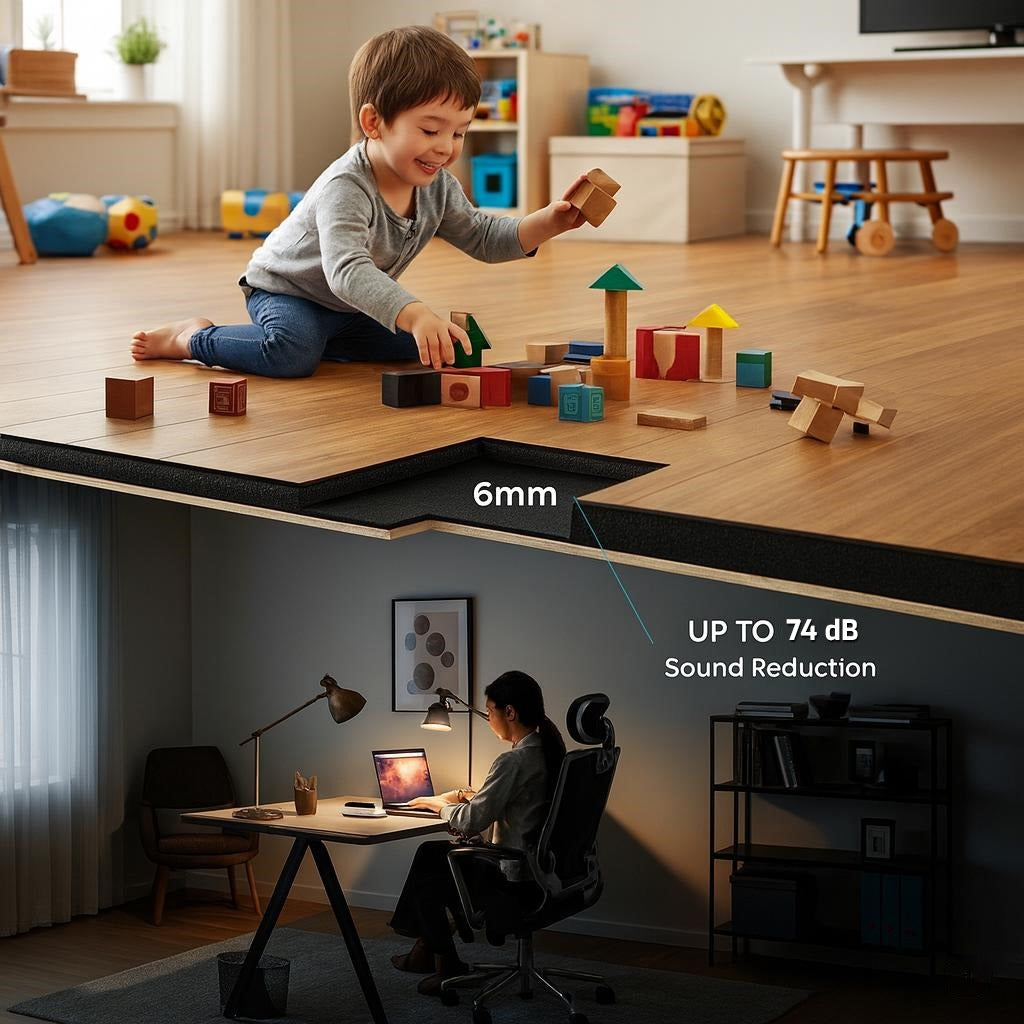 6mm Acoustic Rubber Underlay – 74 Silentcloud Noise Reduction: This eco-friendly, recycled rubber underlayment provides superior soundproofing, allowing upstairs play without disturbing downstairs work, ideal for enhanced acoustic sound insulation.