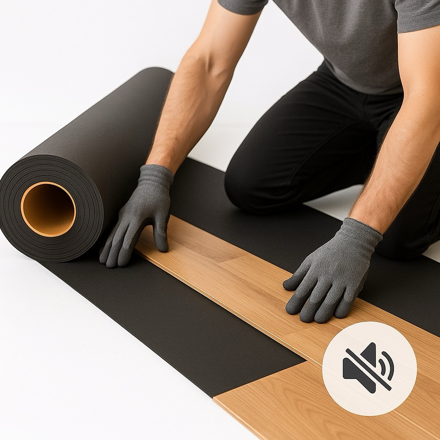 Gloved hands install a wood-look plank over a 3 mm Recycled Rubber Acoustic Underlay, providing up to 54 dB soundproofing for effective noise reduction and acoustic insulation in renovations and builds.
