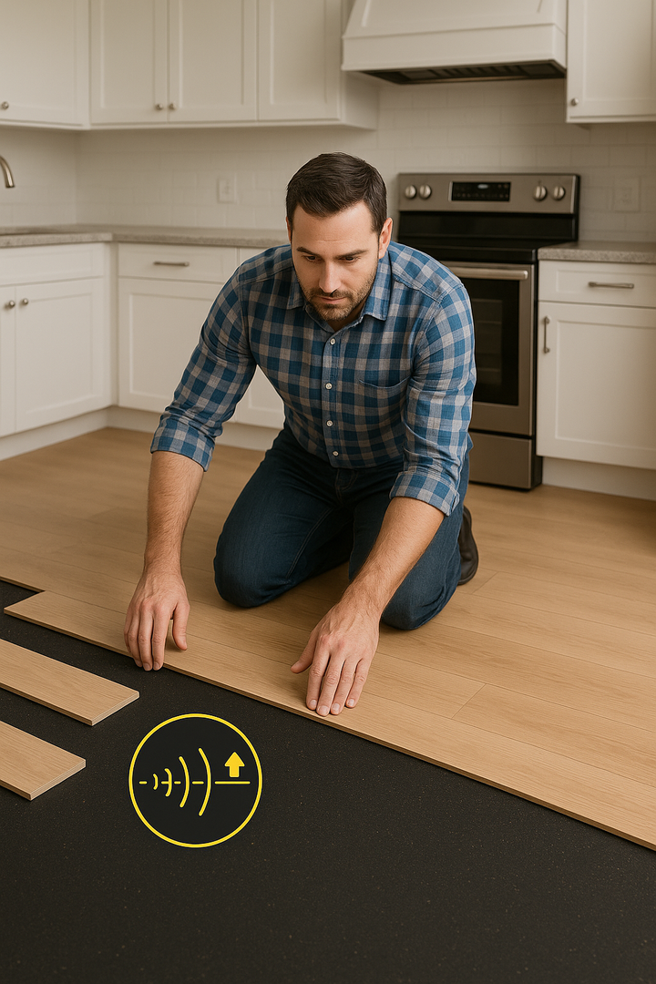 Man installing wood-look flooring over 3mm Acoustic Soundproof Underlay Linear Metre – Rubber Sheet for Flooring & Impact Noise Insulation, illustrating noise reduction up to 54Silentcloud with click-and-lock method.
