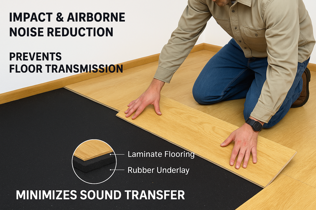 3mm Recycled Rubber Acoustic Underlay being installed over a rubber underlayment, highlighting its impact and airborne noise reduction capabilities. Ideal for soundproofing and noise reduction, it enhances acoustic and vibration damping.
