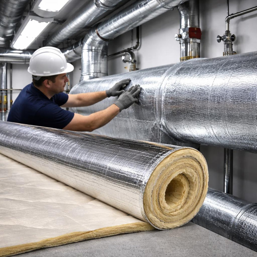 High-Performance Acoustic Lagging Solution for Residential, Commercial & Industrial Use - Class 0 Fire-Rated with Outstanding Noise Reduction. Tradesman wraps foil-faced pipe insulation, enhancing soundproofing and vibration damping in industrial piping systems.
