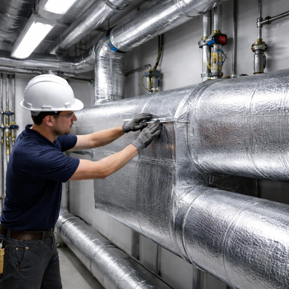 Tradesperson in utility room handling High-Performance Acoustic Lagging Solution, showcasing soundproof insulation on large pipes. Ideal for industrial noise reduction with Class 0 fire-rated safety and vibration damping.