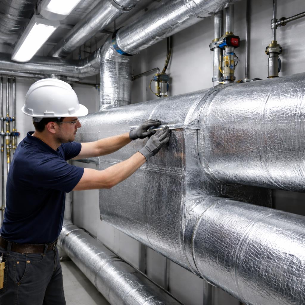 Tradesperson in utility room handling High-Performance Acoustic Lagging Solution, showcasing soundproof insulation on large pipes. Ideal for industrial noise reduction with Class 0 fire-rated safety and vibration damping.