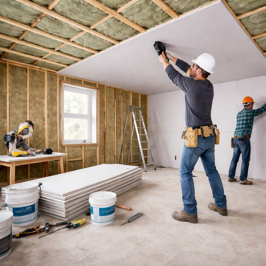 Premium Acoustic Building Board - 13mm Thick, High-Performance Sound Insulation Solution for Ceilings and Walls, shown being installed with drywall in a construction scene emphasizing soundproof and noise reduction features.