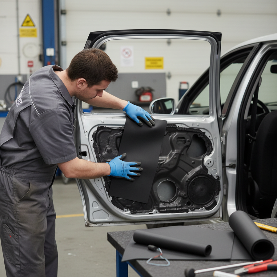 Technician installs Premium Noise Isolator 6mm on car door interior, showcasing its soundproofing and acoustic insulation capabilities. Rolls of the material and tools visible on workshop bench.